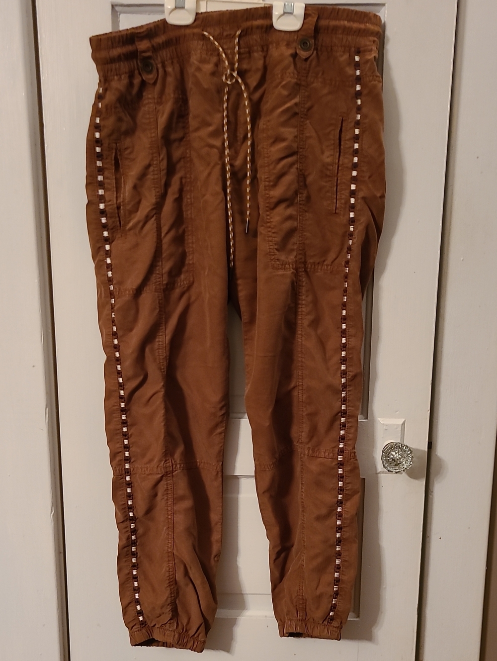 Anthropologie Women S Chestnut Brown Joggers with Beaded Side Trim